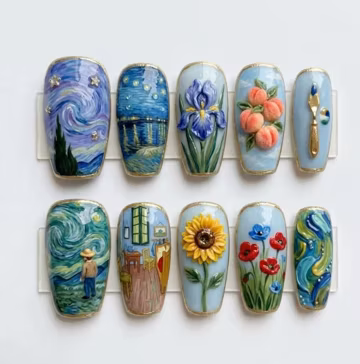 Handmade Artistic van Gogh Press On Nails | 3D Starry Night Sunflowers & Oil Painting Art | Masterpiece Gallery Fake Nails Set