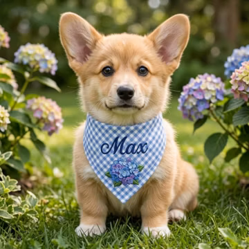 Personalized Hydrangea Dog Bandana, Blue Gingham Custom Name Pet Scarf, Embroidered Floral Puppy Gift for Dog Mom