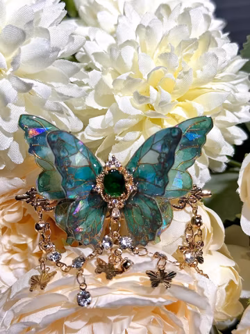 Handmade Iridescent Butterfly Hair Clip: Emerald Crystal Gold Tassel Barrette