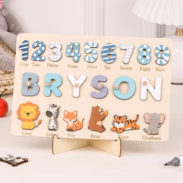 Personalized Wooden Name Puzzle: Animals & Numbers, First Birthday Gift