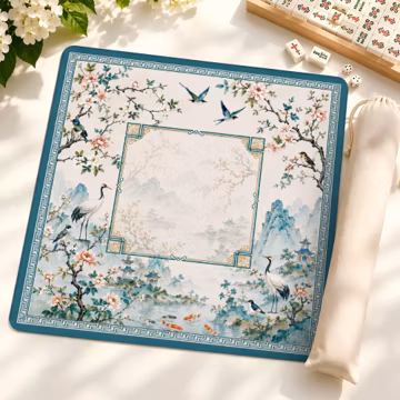 Chinoiserie Crane Mahjong Mat, Blue Green Floral Garden Game Mat, American Non-Slip Table Protect Cover, Gift for Hostess