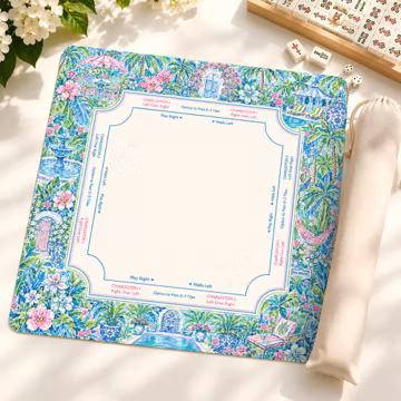 Chinoiserie Floral Mahjong Mat with Rules, Palm Beach Garden American Game Mat, Non-Slip TableProtect Cover, Gift for Hostess