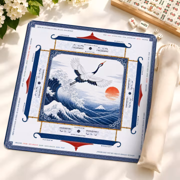 Japanese Crane Wave Mahjong Mat with Rules, Blue White Mount Fuji Game Mat, Non-Slip Table Protect Cover, Gift for Hostess