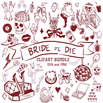 Whimsical Halloween Bachelorette Clipart Bundle | Hand Drawn Bride or Die illustrations | PNG SVG