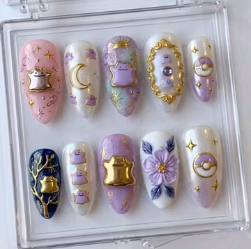 Handmade Di.tto Press On Nails, Celestial Vintage Nail Set, Gold Mirror & 3D Flower Accents, Nails For Aesthetic Vibes