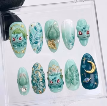 Handmade Bulba.saur Mint Press On Nails, Anime Nail Set, 3D Flower Bulb & Leaf Accents, Nails For Whimsical Gaming Vibes