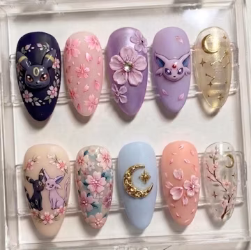 Handmade Anime Purple Press On Nails, Umbreon Espeon Nail Set, 3D Sakura & Moon Accents, Nails For Bold Artistic Vibes