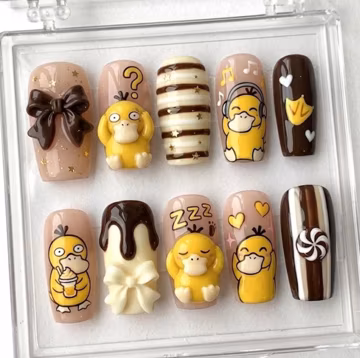 Handmade Psy.duck Anime Press On Nails, Cartoon Duck Nail Set, 3D Chocolate Bow & Candy Accents, Nails For Kawaii Gaming Vibes