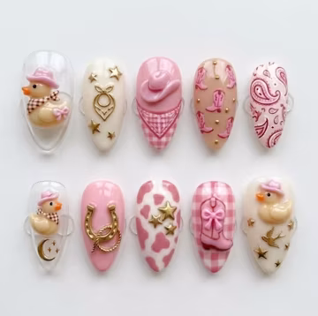 Handmade Pink Cowgirl Press On Nails, 3D Cowboy Duck Art, Pink Cow Print & Gingham Nails, Western Bold Artistic Vibes Set