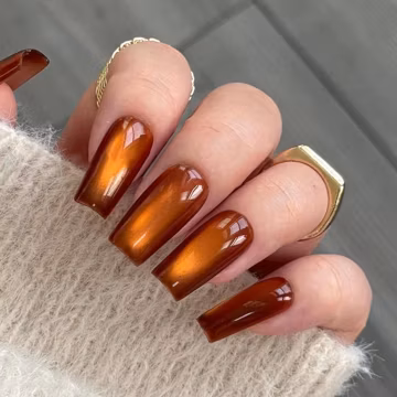 Da Amber Press On Nails, Amber cat eye nail, brown nails, reuse nails, jelly fake nail, glitter shine gel nail