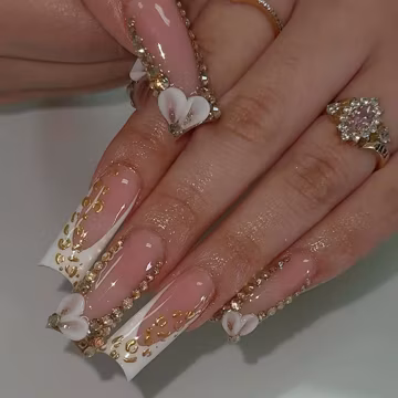 Luxe Gold Press On Nails | White French Tip Nails | 3D Bow Rhinestone Luxury Nails | Handmade Long Square Press Ons | Glam Nail Art