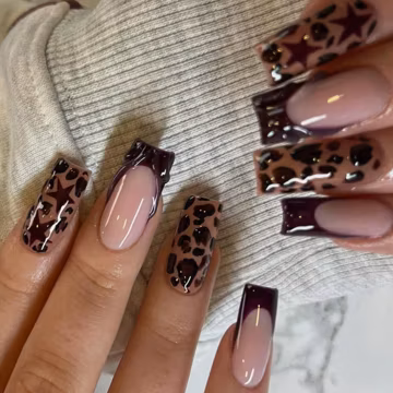Burgundy Leopard Print Press On Nails | Dark Cherry Star Pattern Fake Nails | Long Square French Tip Y2K Baddie Custom Reusable Nails