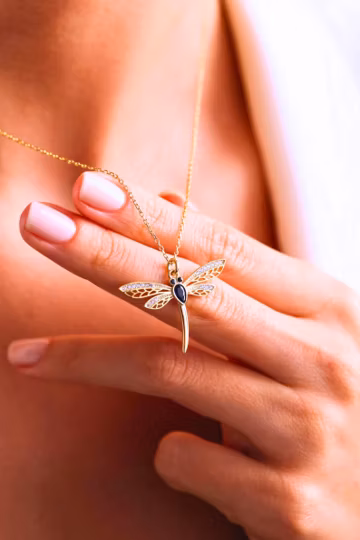 Sterling Silver Dragonfly Necklace, Teardrop Gemstone Pendant, Nature Jewelry