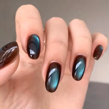 Brown Blue Glitter Cat Eye Press On Nails, Handmade Gel Full Cover Set
