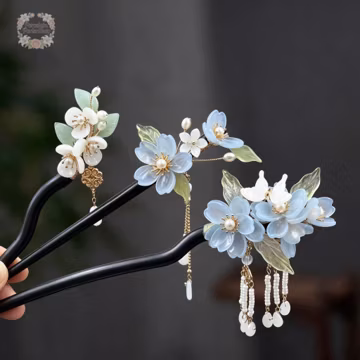 Vintage Hair Stick, Blue Glass Floral Hairpin, Cheongsam & Ancient Style Costume Handmade Wooden Hair Accessory, Birthday Gift for Mom/ Her