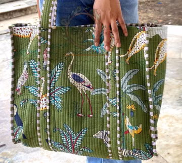 Handmade Quilted Cotton Tote Bag, Green Safari Jungle Print