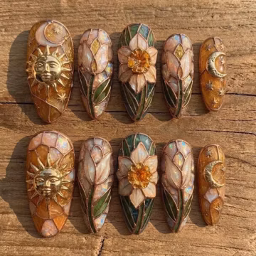 Handmade Stained Glass Press On Nails / Sun Moon Nails / Lotus Flower Nails / Celestial Nails / Art Nouveau Press On Nails