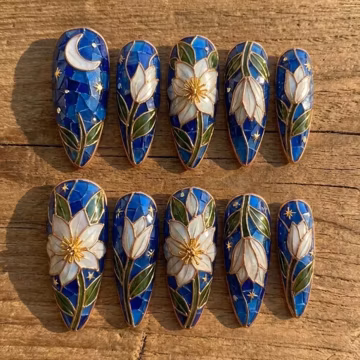 Stained Glass Press On Nails / Blue Lily Flower Nails / Moon Star Floral Nail Art / Handmade Fake Nails