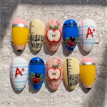 Handmade Back To School Press On Nails / Pencil Apple Ladybug A+ Grade Nails / Teacher Nails / Cute Classroom Press On Nails