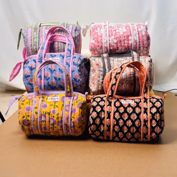 Handmade 100% Cotton Mini Duffle, Cotton Filled Travel Organizer, Quilted Makeup & Toiletry Bag, Small Weekender Bag. Ecofriendly Cotton Bag