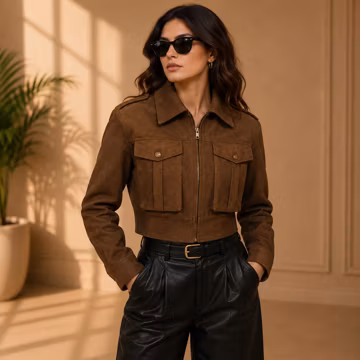 Womens Brown Suede Leather Cropped Jacket Cropped Leather Jacket Brown Suede Jacket Leather Jacket Women Gift For Her