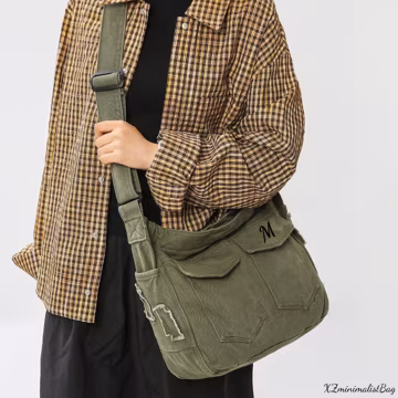Custom Name Canvas Hobo Bag, Adjustable Strap Crossbody Shoulder Bag with Side Pockets, Multi-Pocket Sling Bag in Black, Green, Coffee,Khaki