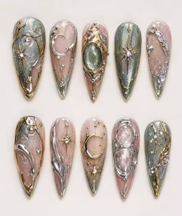 Celestial Sage Press On Nails | Moon Star Crystal Nails | Luxury Astrology Press Ons | Handmade Fantasy Nail Set | Gems Nails