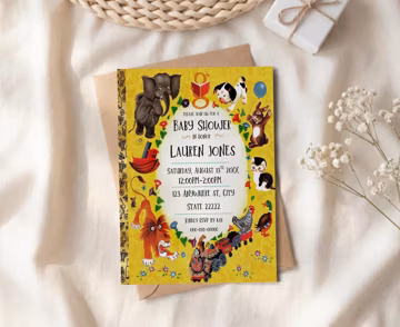 Vintage Golden Book Baby Shower Invitation, Baby’s First library sign, Editable Template (Canva)