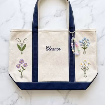 Custom Embroidered Floral Canvas Tote Bag, Personalized Name Tote, Bridesmaid Gift, Boho Wildflower Boat Tote, Shoulder Bag