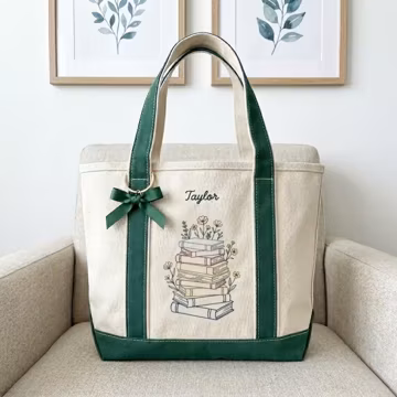 Personalized Bookish Embroidered Boat Tote, Custom Reader Gift, Library Bag, Bookworm Tote
