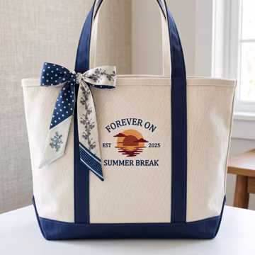 Forever On Summer Break Beach Bag, Teacher Retirement Gift, Custom Embroidered Canvas Tote Bag, Personalized Retired Teacher Gifts