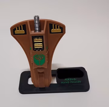 Ferengi Phaser Replica with Display Stand | 3D Printed Sci-Fi Prop | Alien Weapon Collectible | Star Trek Inspired Cosplay Display