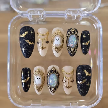 Handmade Halloween Press On Nails | Ghost, Gold Bats & Gothic Frame Charms, Black Almond Nails for Spooky Gothic Style