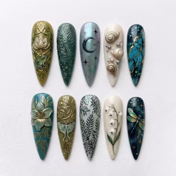 Handmade Enchanted Forest Press On Nails - 3D Frog, Dragonfly, Moon, Lily of the Valley Art - Stiletto Nails for Nature Lovers