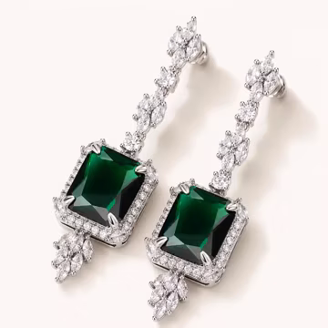 Sterling Silver Emerald Green CZ Halo Dangle Earrings, Vintage Victorian Bridal Statement