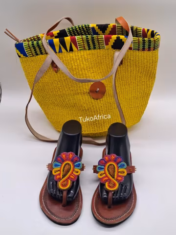 Handmade African Sandals And Sisal Tote Bag, Maasai Beaded Sandal, Traditional Summer Beach Bag