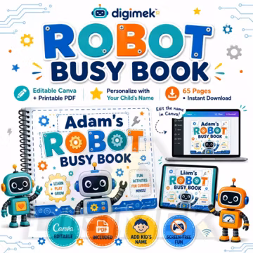 Robot Busy Book, Toddler Preschool Activity Binder, Editable Canva PDF