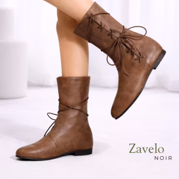Women's Lace-Up Ankle Boots, Cowboy Boots for Women, Cross-Tied Western Flat Shoes, Round Toe Soft Comfort Booties