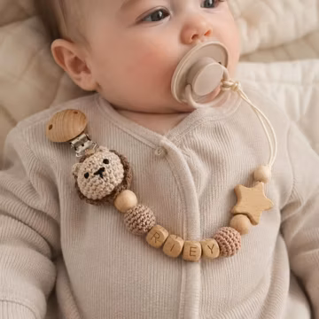 Custom Baby Name Pacifier Clip, Personalized Crochet Animal Binky Holder, Wooden Bead Dummy Clip, New Baby Gift