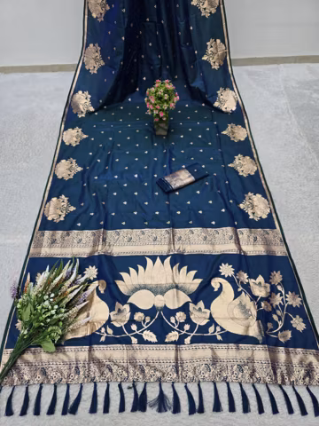 Royal Blue Silk Saree, Gold Zari Lotus Peacock Pallu, Banarasi Weaving, Wedding Festive Wear