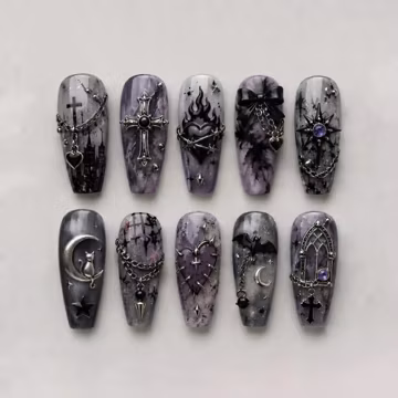 Gothic Press On Nails, Dark Fantasy Cross Nails, Purple Marble Gothic Nails, Handmade Alternative
