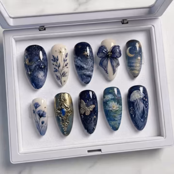 Blue Celestial Press On Nails, Moon Star Nail Set, 3D Bow Butterfly Jellyfish Nails, Dreamy Night Sky Aesthetic