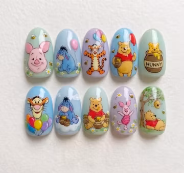 Winnie the Pooh Press On Nails | Pastel Disney Character Fake Nails | Tigger Piglet Eeyore Nails | Kawaii Hand Painted Bear Nails