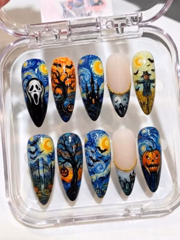 Starry Night Halloween Press On Nails | Scream Ghostface And Pumpkin Art | Spooky Van Gogh Stiletto Fake Nails | Horror Custom Nail Art