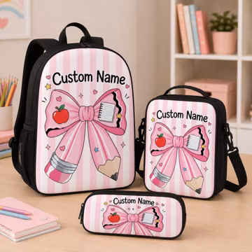 Custom Kid Name Pencil Bow School Bag Student Backpack, Lunch Bag Pencil Bag For Kid, Personalized Back To School Gift, Backpack Daycare