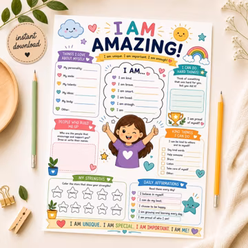 Kids Self Esteem Activity Worksheet, Confidence Building, Daily Affirmations (Digital Download)