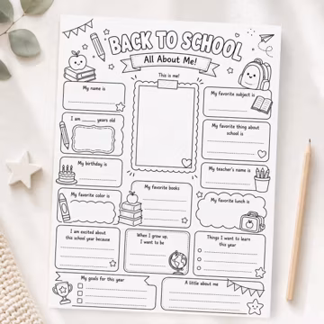 Back to School All About Me Worksheet, Kids Activity, Student Interview PDF (Instant Download)