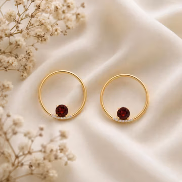 Garnet Circle Stud Earrings with Moissanite, 18K Solid Gold Capricorn Zodiac Jewelry.