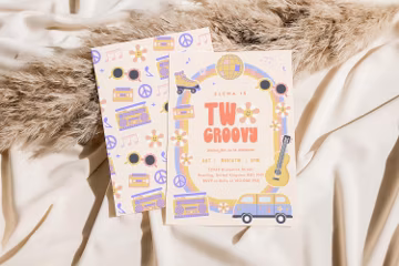 Groovy Two Birthday Invitation Template, Retro Disco Floral Roller Skate Van Party, 70s Rainbow Kid Birthday Party Invite 204