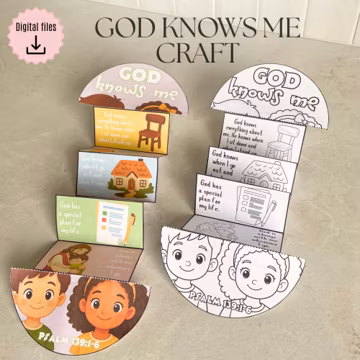 God knows me folding surprise craft, Psalm 139:1-6 for kids, Printable Activity, Sunday School, Homeschool, Christian supply, Bible verses